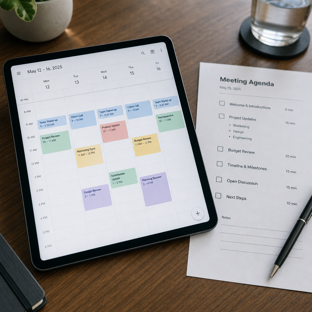 Calendar and meeting agenda on a desk